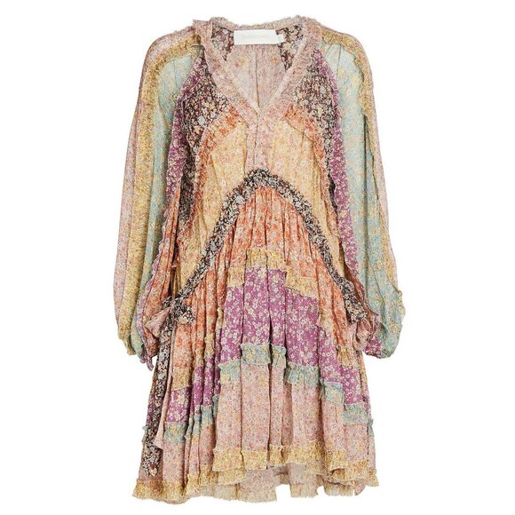 Zimmermann Floral Silk Crinkle Chiffon Mini Dress With Tiered A-Line Silhouette - Picture 2 of 9